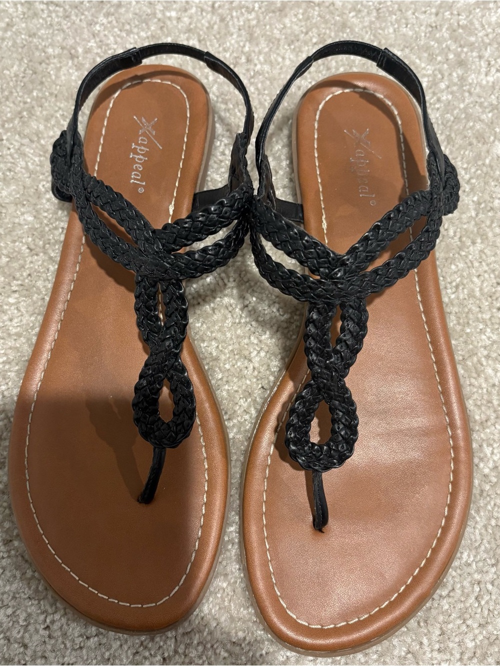 Xappeal Black Braided Toe-Loop Sandals with Brown Footbed, Women’s size 10